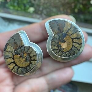 Vintage AKR Amy Kahn‎ Russell Clip Earrings 1.5 Inch Ammonite 925 Sterling 27.2g